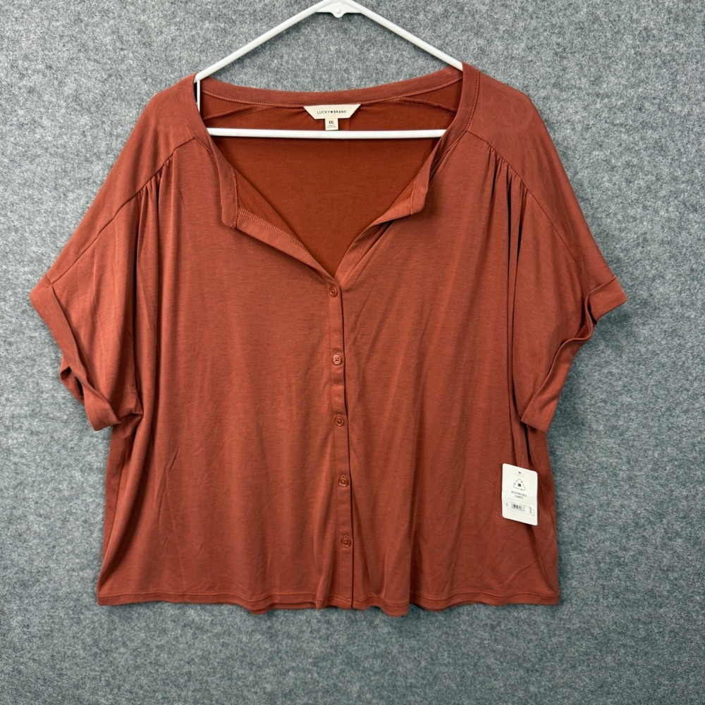 Lucky Brand Mens XXL Rust Button Front Knit Top Short Sleeve Modal Blend NWT